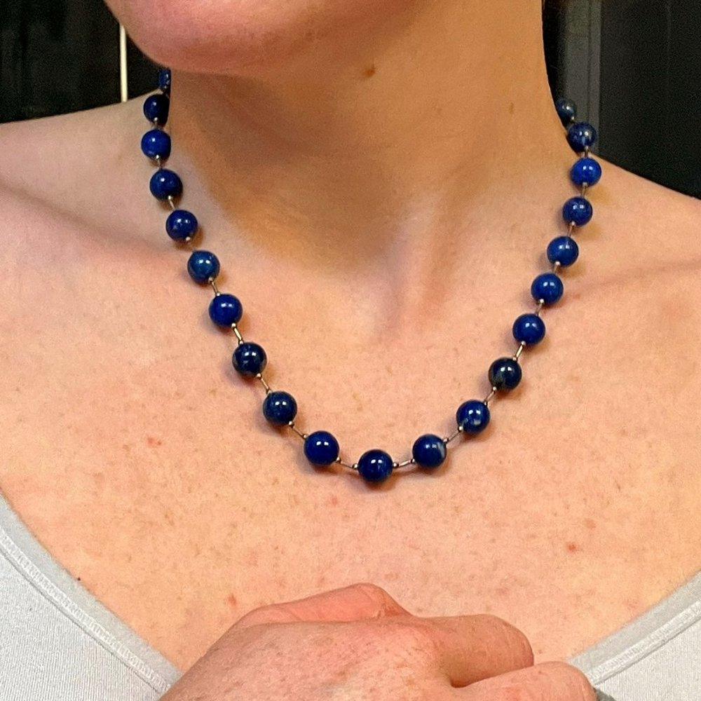Enameled Blue Necklace - Silver-Tone Linked / Clasp